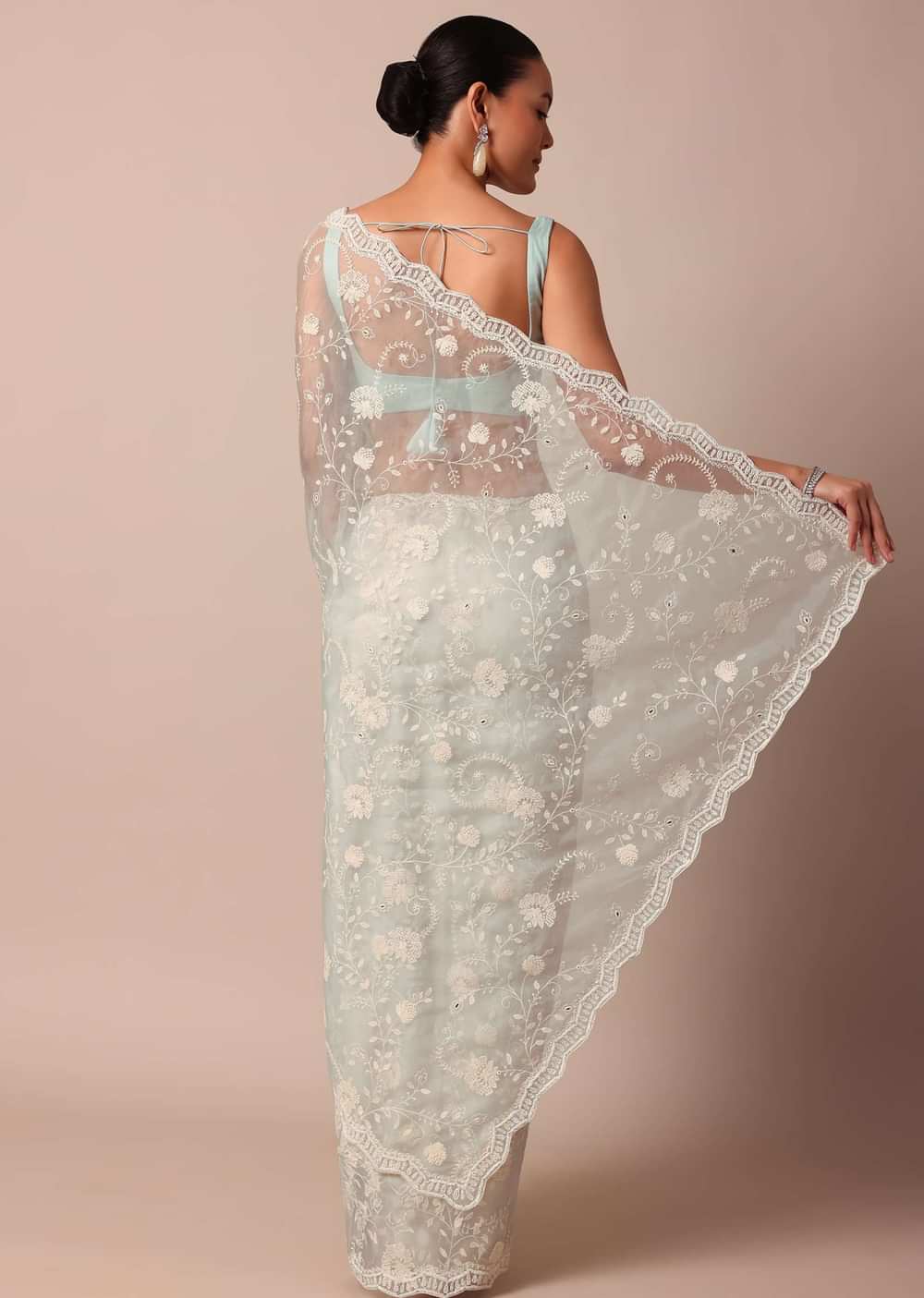 Sky Blue Chikankari Saree In Organza Silk With Scallop Border And Unstitched Blouse Fabric