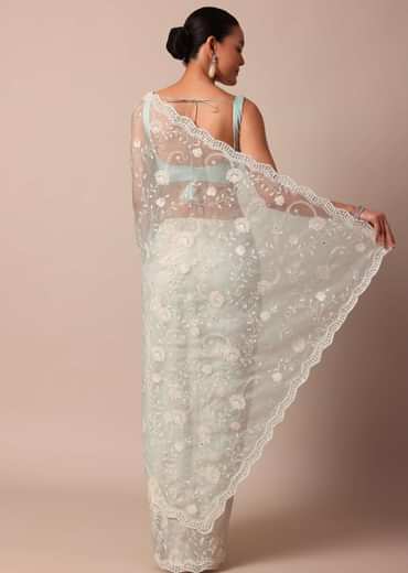 Sky Blue Chikankari Saree In Organza Silk With Scallop Border And Unstitched Blouse Fabric