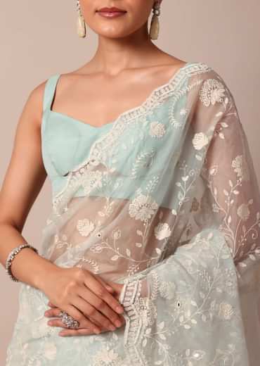 Sky Blue Chikankari Saree In Organza Silk With Scallop Border And Unstitched Blouse Fabric