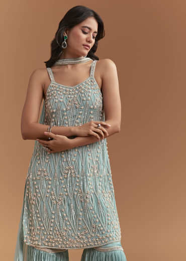 Sky Blue Chinon Sharara Suit With Moti And Beads Work