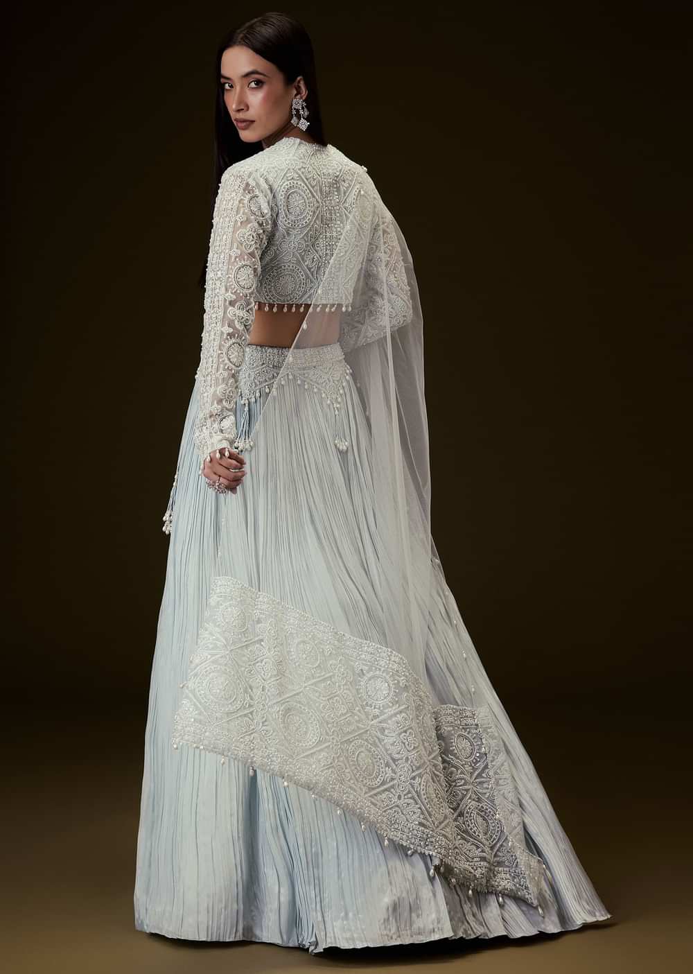 Sky Blue Crepe Sequence Lehenga With Full Sleeve Blouse