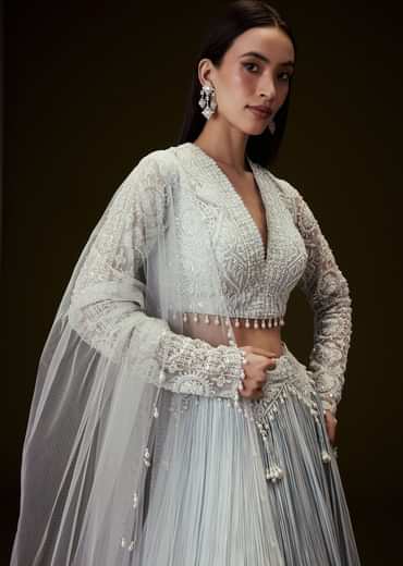 Sky Blue Crepe Sequence Lehenga With Full Sleeve Blouse