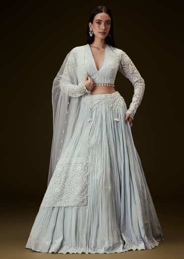 Sky Blue Crepe Sequence Lehenga With Full Sleeve Blouse