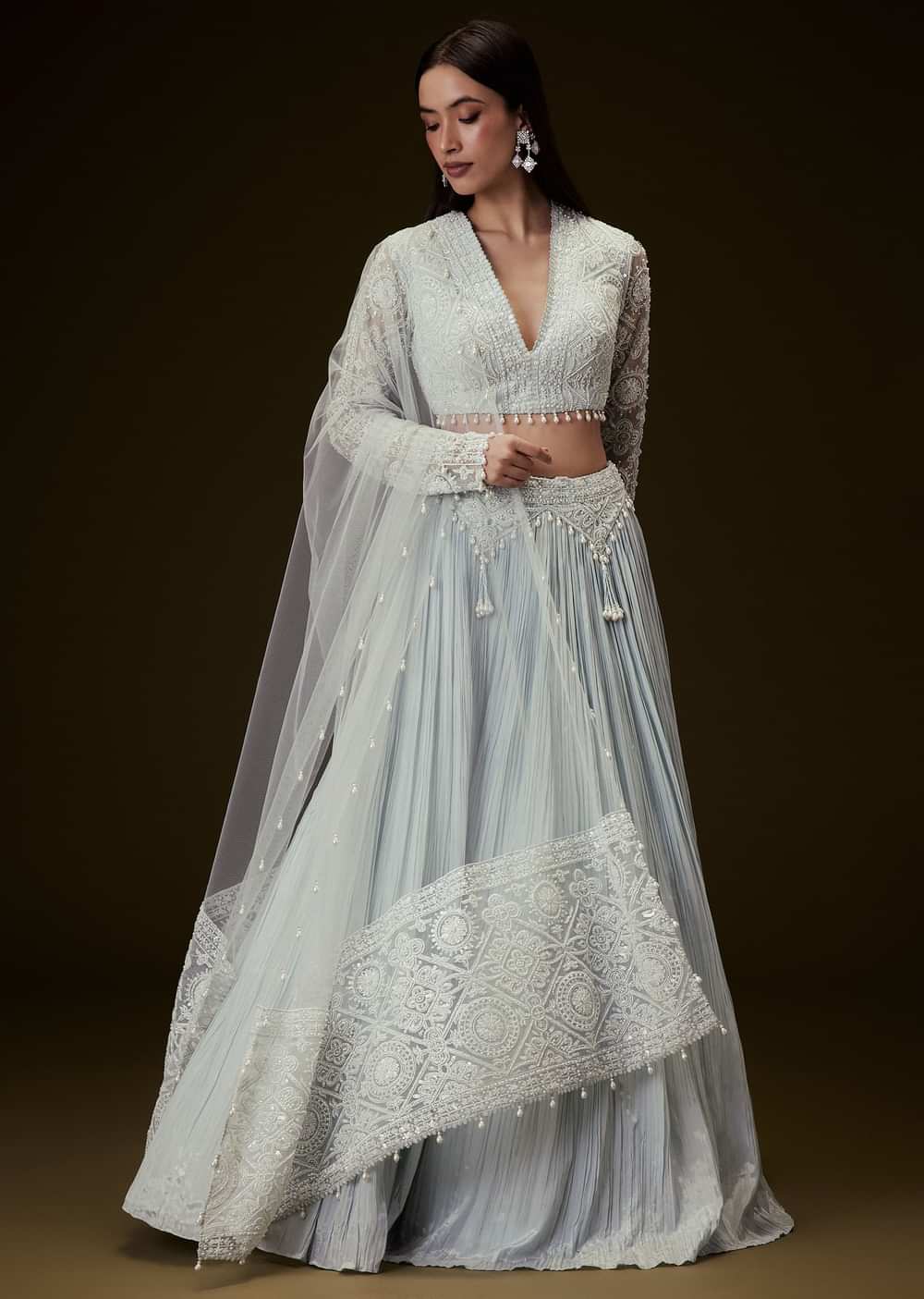Sky Blue Crepe Sequence Lehenga With Full Sleeve Blouse