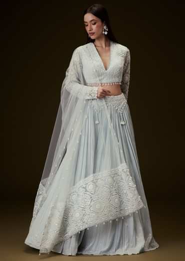 Sky Blue Crepe Sequence Lehenga With Full Sleeve Blouse