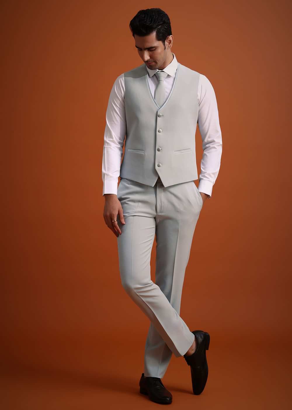 Sky Blue Cutdana Work Polyester Tuxedo And Pant Set