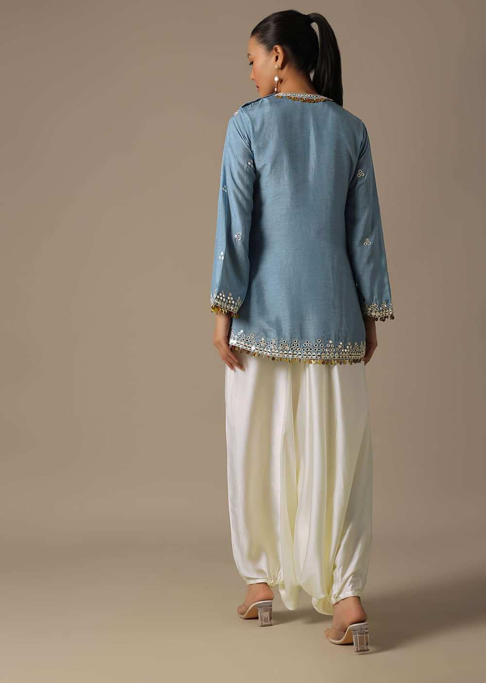 Sky Blue Dhoti Set With Mirror Work