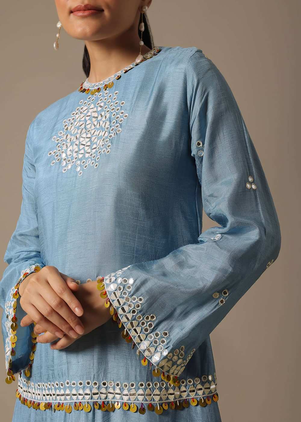 Sky Blue Dhoti Set With Mirror Work