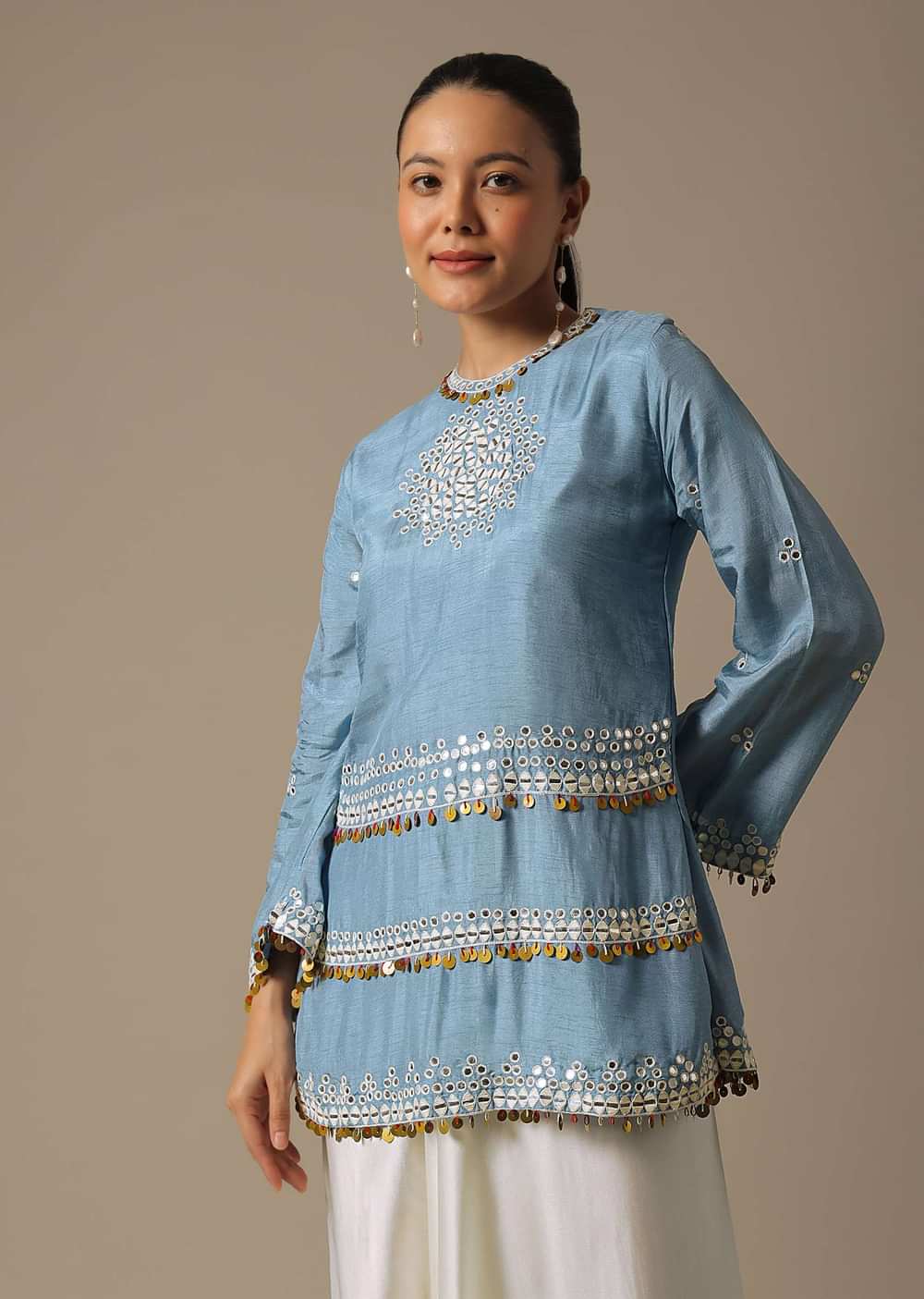 Sky Blue Dhoti Set With Mirror Work