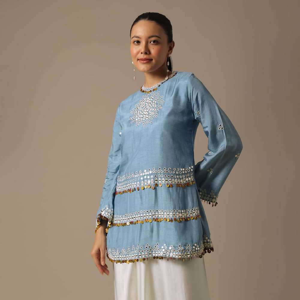 Sky Blue Dhoti Set With Mirror Work
