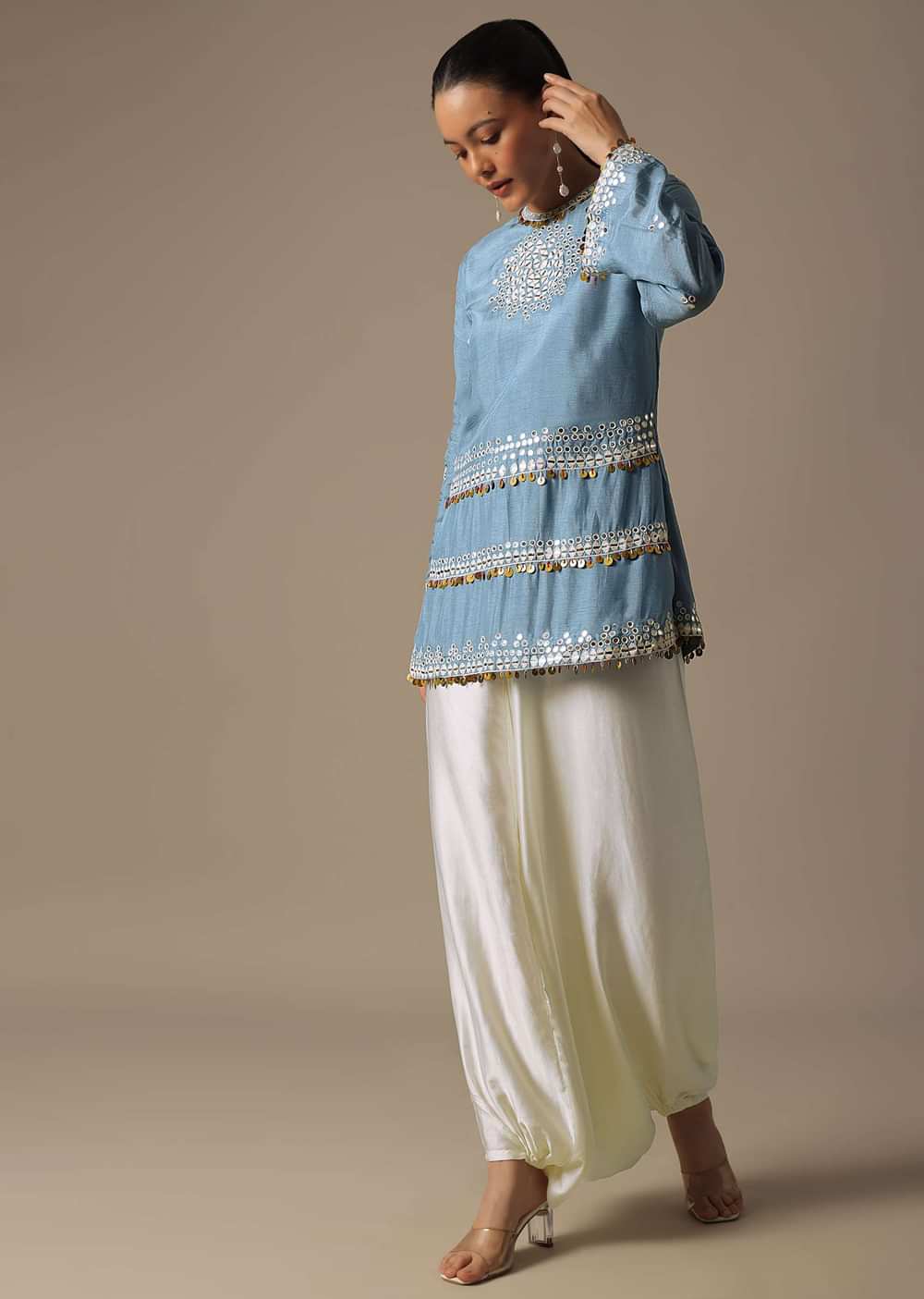 Sky Blue Dhoti Set With Mirror Work