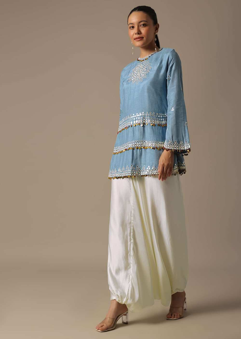 Sky Blue Dhoti Set With Mirror Work