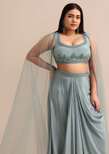 Sky Blue Draped Skirt With Cape