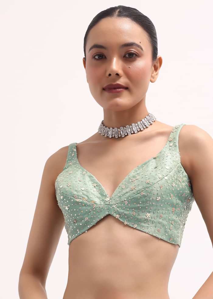 Sky Blue Embroidered Tissue Saree With Unstitched Blouse