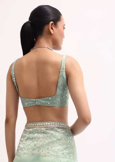 Sky Blue Embroidered Tissue Saree With Unstitched Blouse