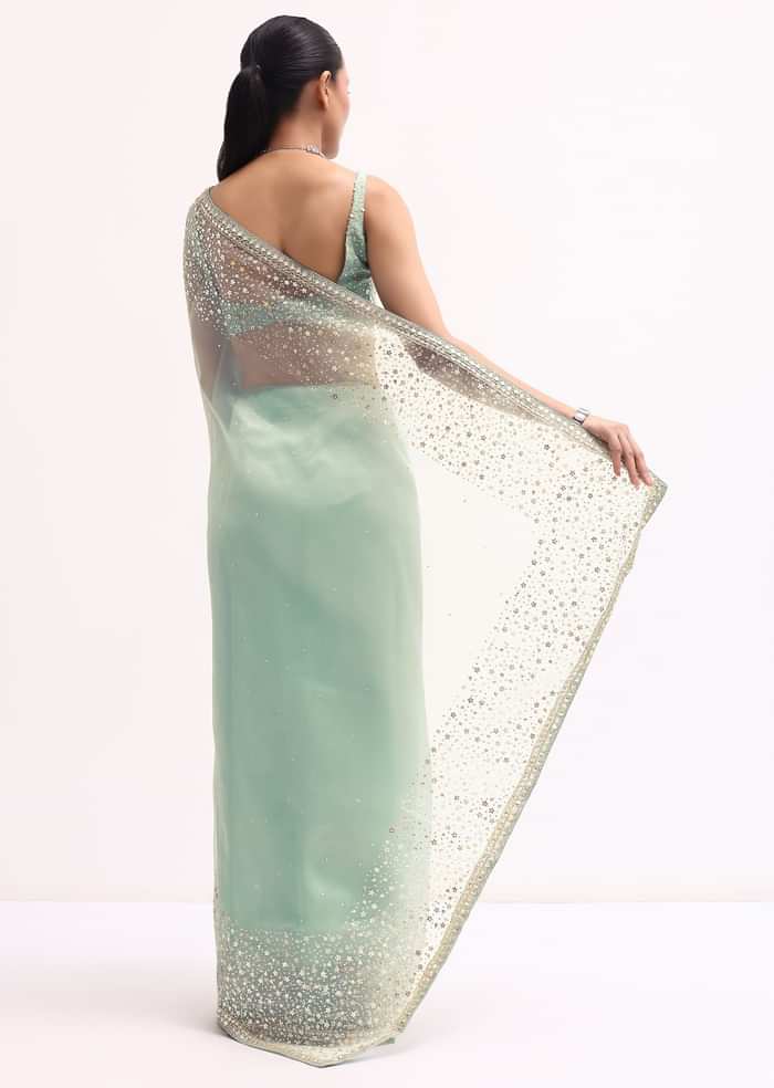 Sky Blue Embroidered Tissue Saree With Unstitched Blouse