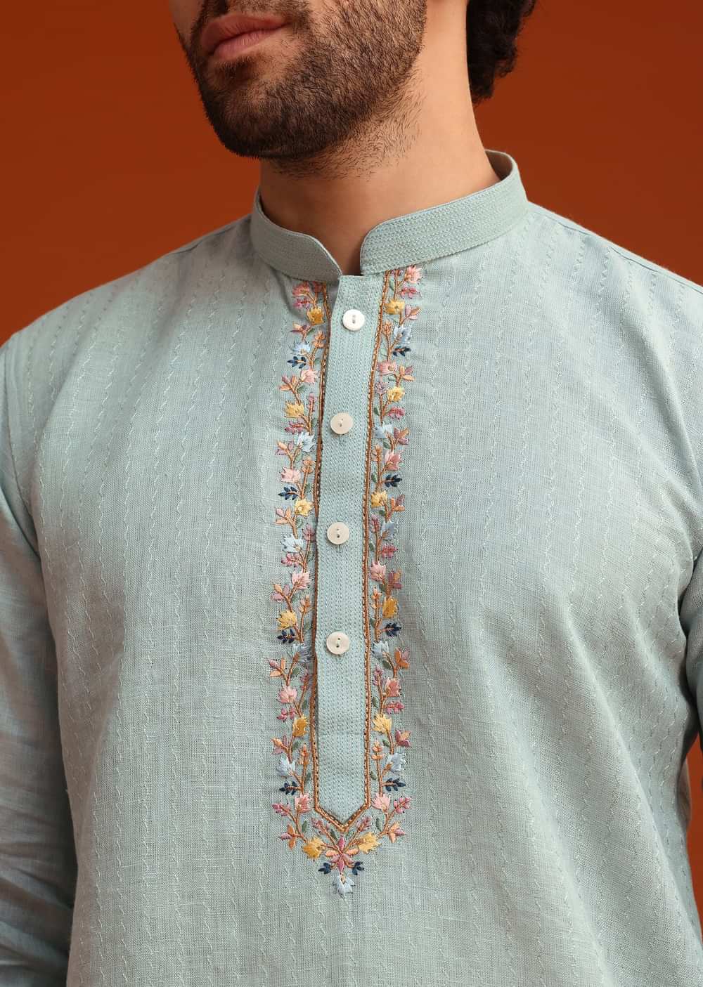 Sky Blue Floral Hand Embroidered Kurta And Pant Set
