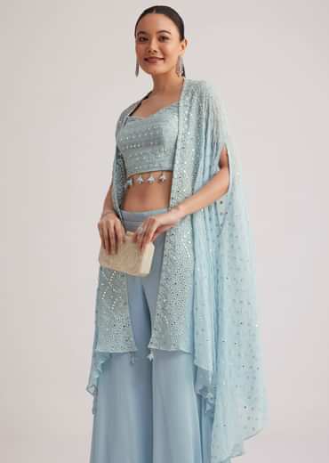 Sky Blue Georgette Palazzo Set With Embroidered Cape