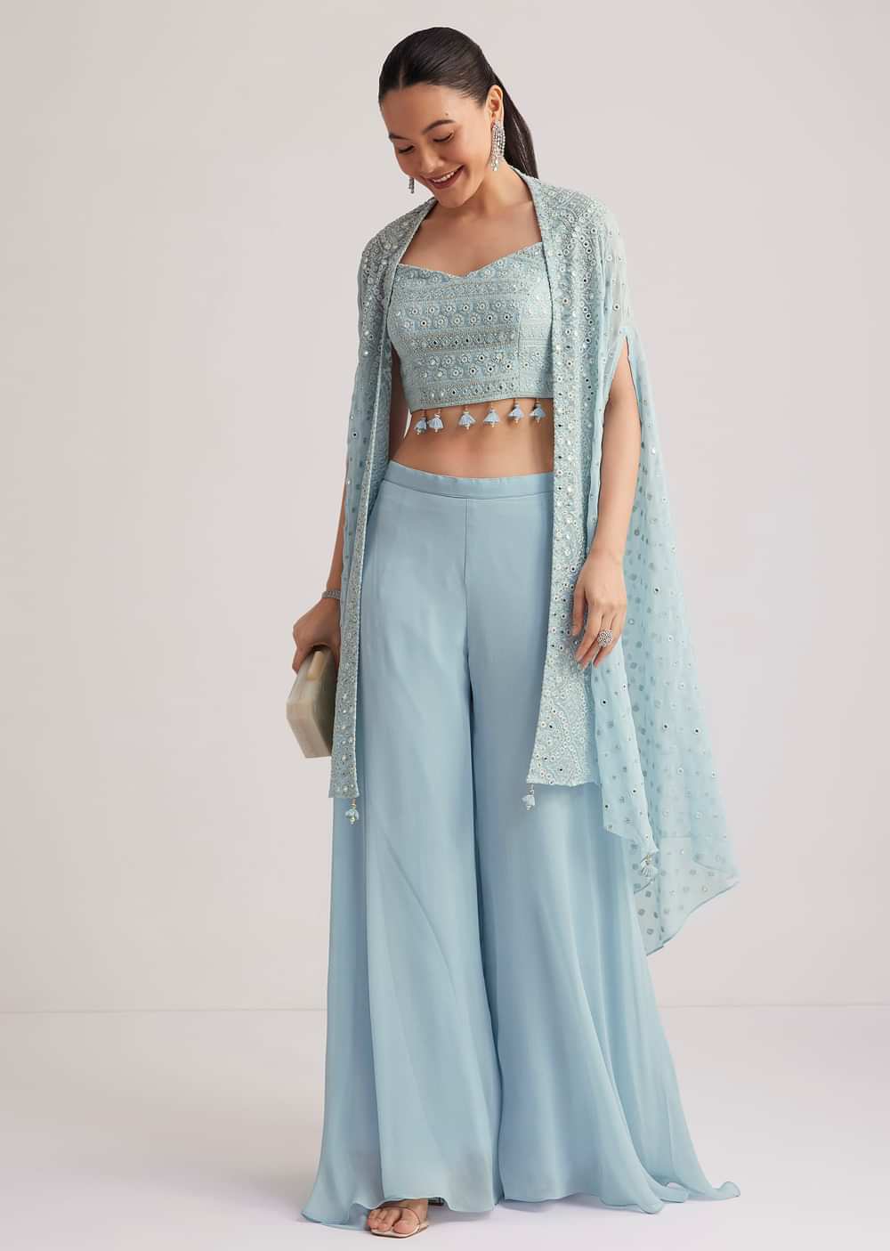 Sky Blue Georgette Palazzo Set With Embroidered Cape