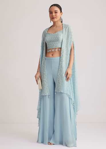 Sky Blue Georgette Palazzo Set With Embroidered Cape
