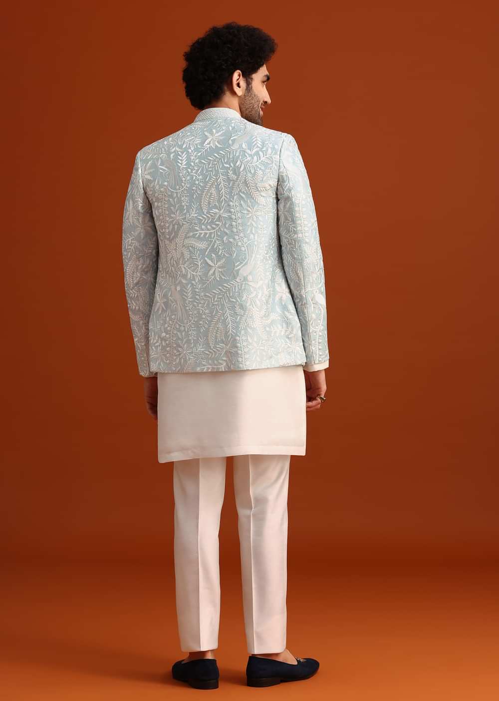 Sky Blue Indo-Western And Kurta Set In Silk With French Knots