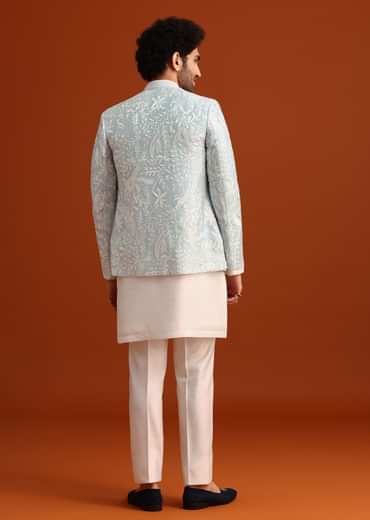 Sky Blue Indo-Western And Kurta Set In Silk With French Knots