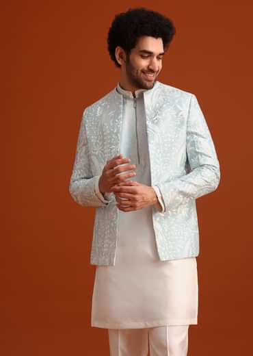Sky Blue Indo-Western And Kurta Set In Silk With French Knots