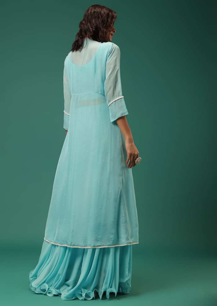 Sky Blue Indowestern Lehenga Set In Georgette With Embroidered Jacket