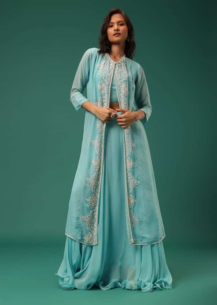 Sky Blue Indowestern Lehenga Set In Georgette With Embroidered Jacket