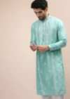 Sky Blue Kurta Set In Silk With Lucknowi Thread Embroidered Floral Jaal Online - Kalki Fashion