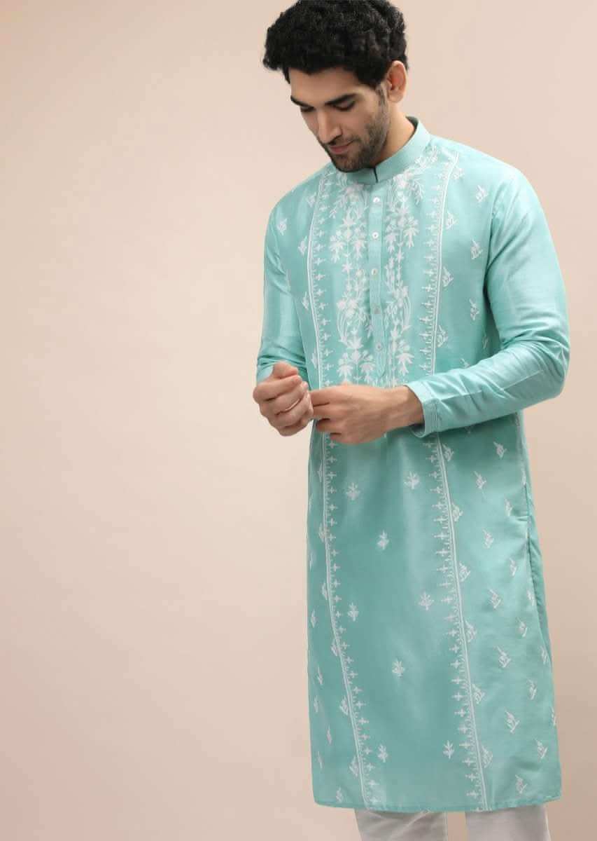 Sky Blue Kurta Set In Silk With Lucknowi Thread Embroidered Floral Jaal Online - Kalki Fashion