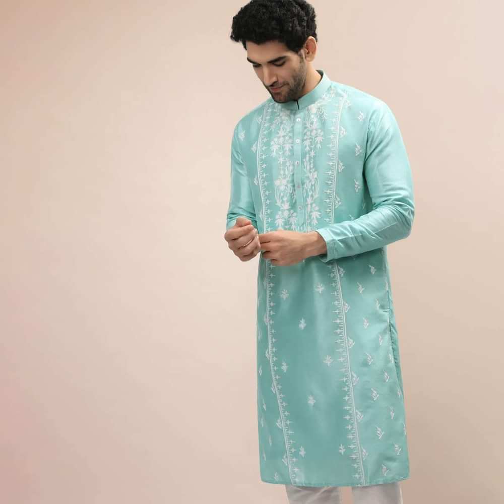Sky Blue Kurta Set In Silk With Lucknowi Thread Embroidered Floral Jaal Online - Kalki Fashion