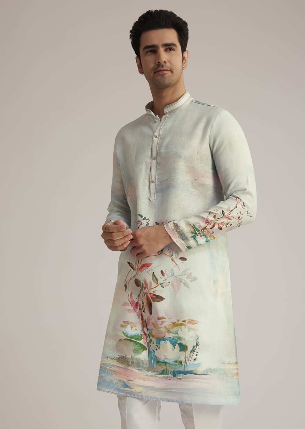 Sky Blue Linen Kurta With Floral Print