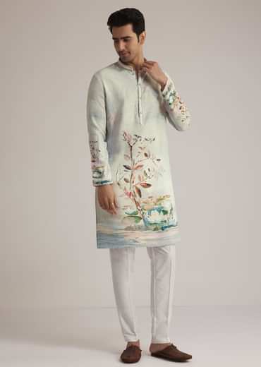 Sky Blue Linen Kurta With Floral Print
