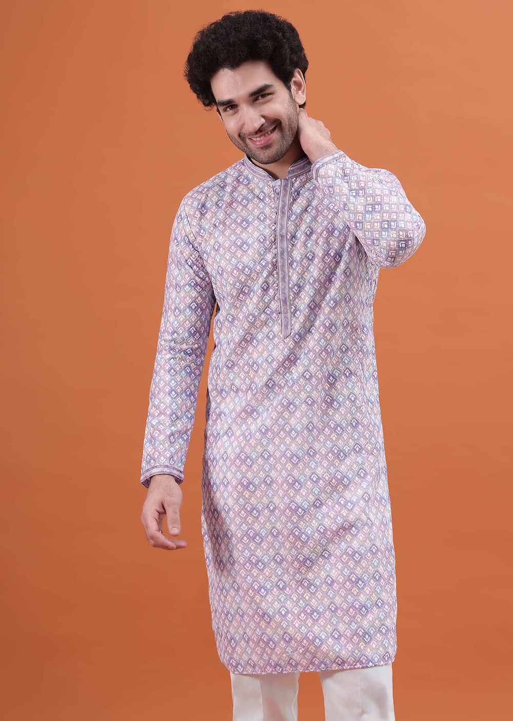 Sky Blue Lucknowi Cotton Kurta Set For Men