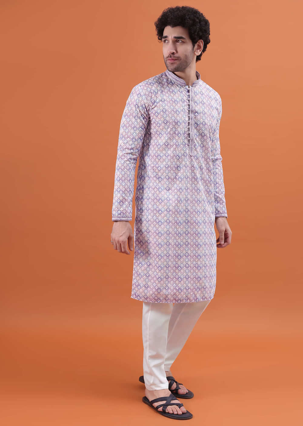 Sky Blue Lucknowi Cotton Kurta Set For Men