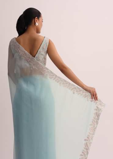 Sky Blue Saree With Resham Threadwork And Unstitched Blouse