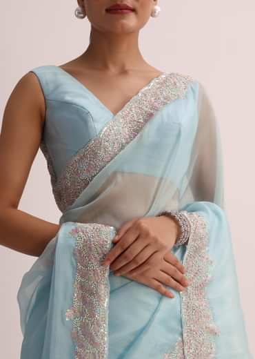 Sky Blue Saree With Resham Threadwork And Unstitched Blouse