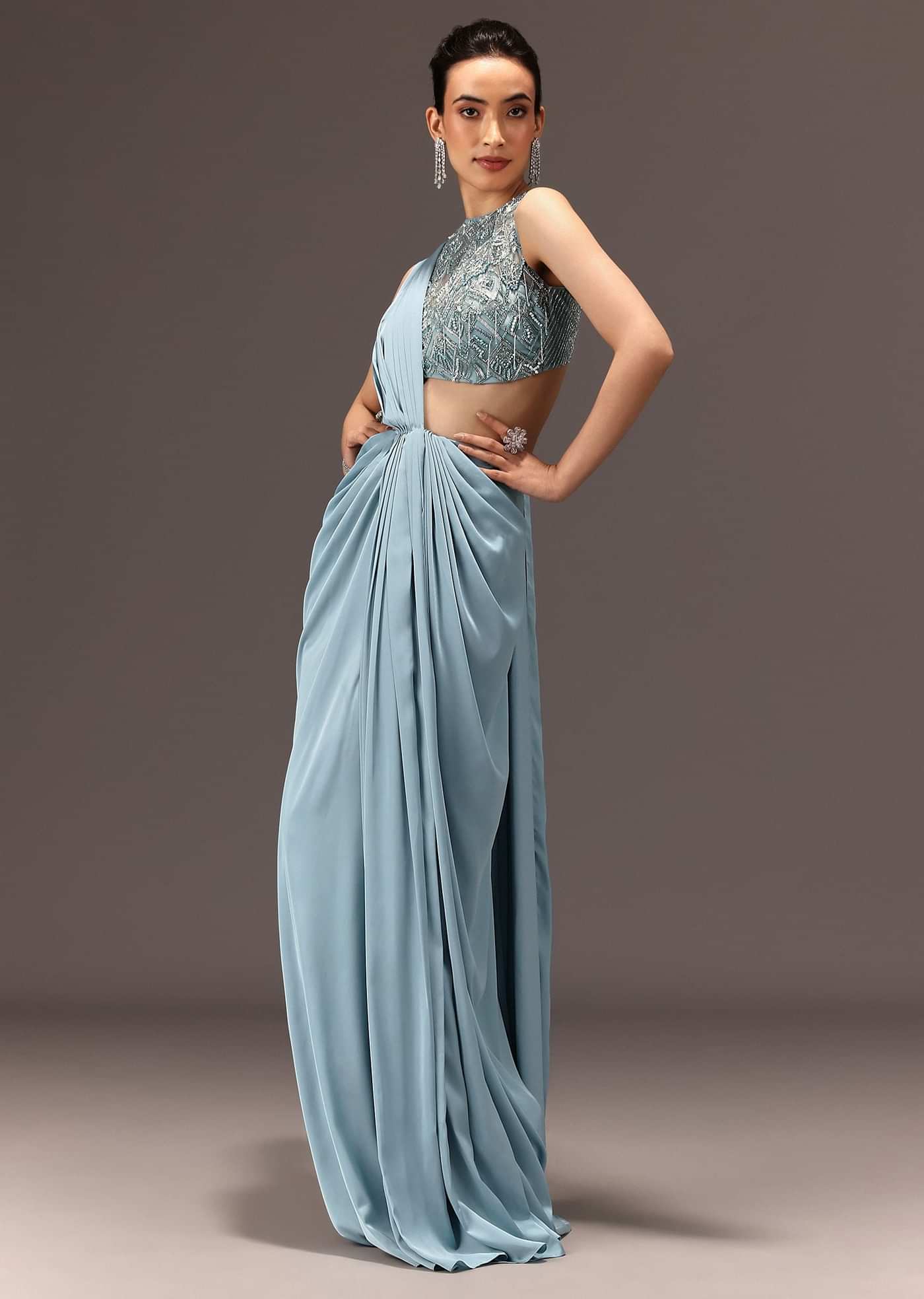 Sky Blue Semi Stitched Saree With Embroidered Blouse