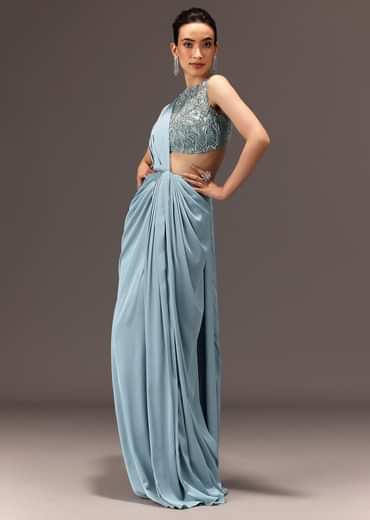 Sky Blue Semi Stitched Saree With Embroidered Blouse