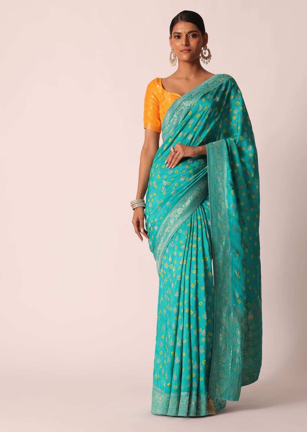 Sky Blue Silk Bandhani Saree With Unstitched Blouse Piece