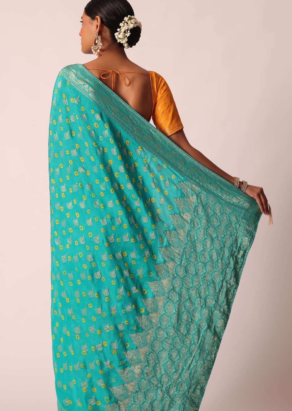 Sky Blue Silk Bandhani Saree With Unstitched Blouse Piece