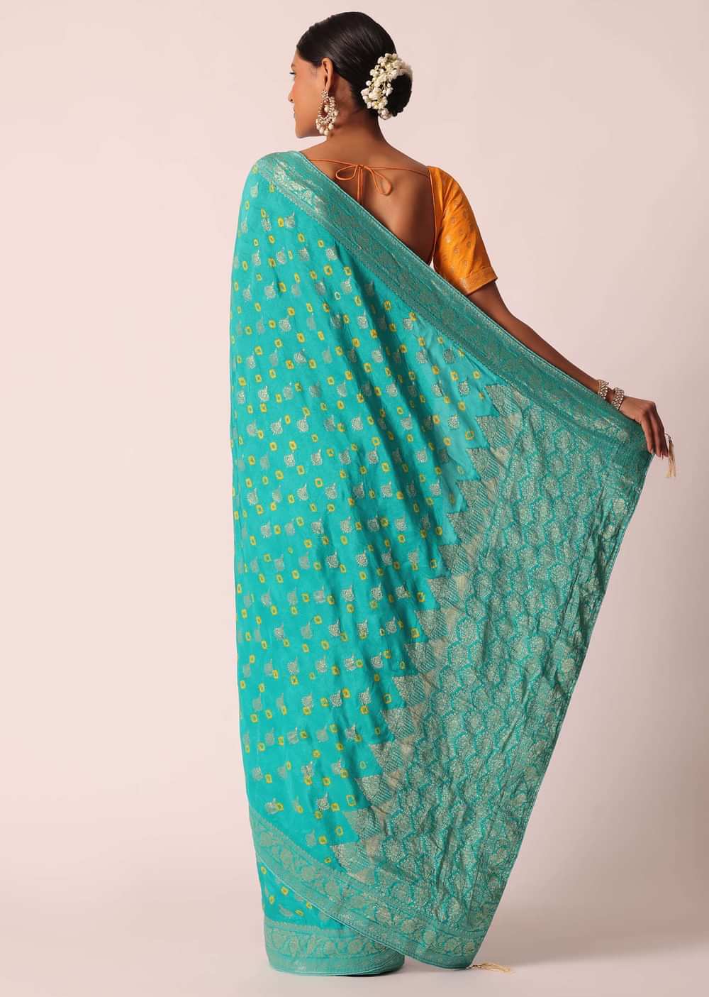 Sky Blue Silk Bandhani Saree With Unstitched Blouse Piece