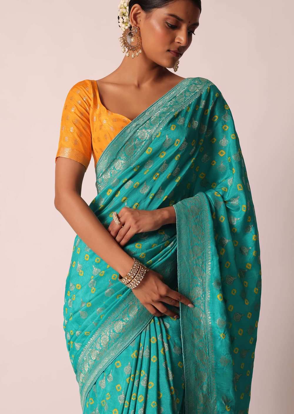 Sky Blue Silk Bandhani Saree With Unstitched Blouse Piece