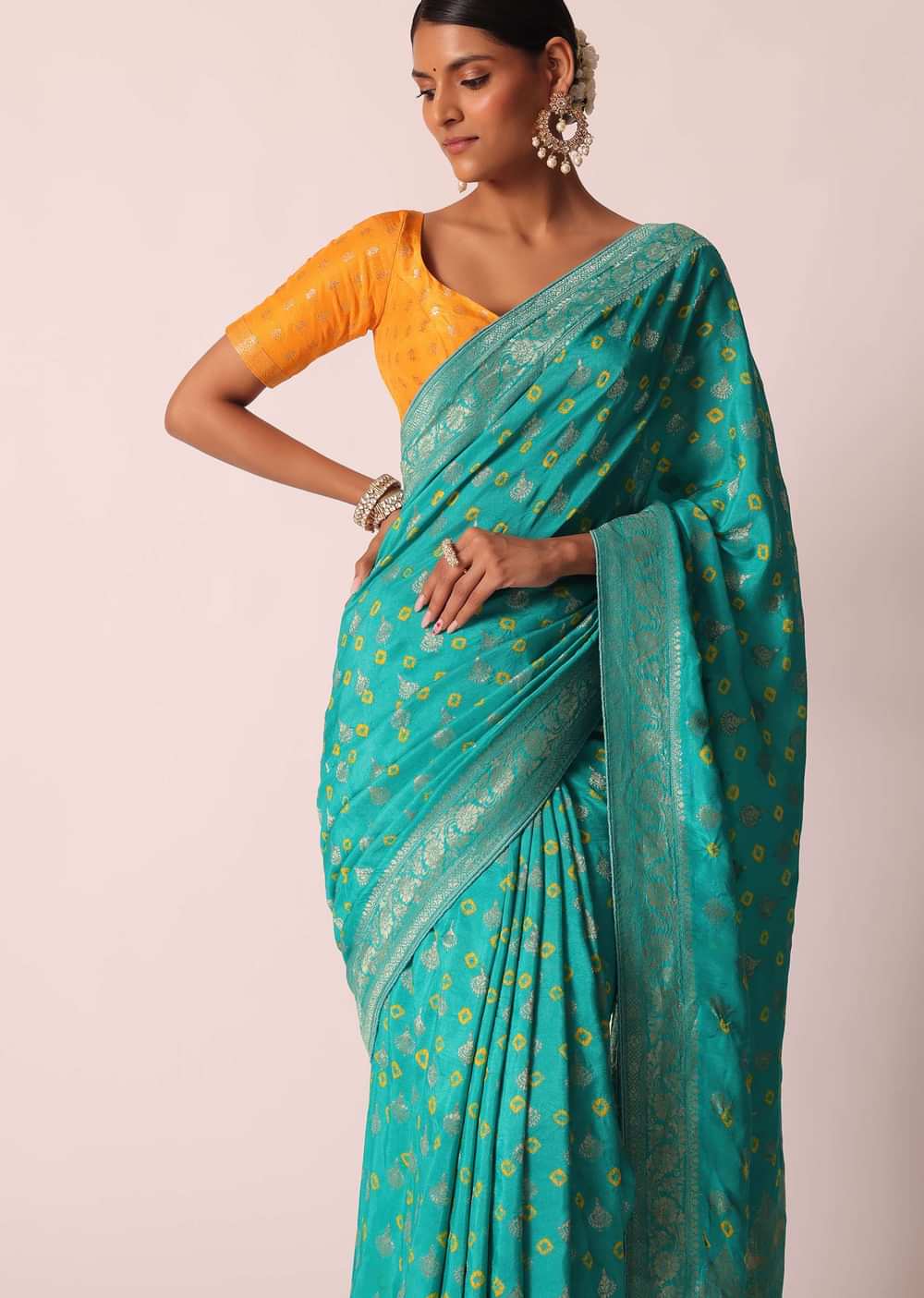 Sky Blue Silk Bandhani Saree With Unstitched Blouse Piece
