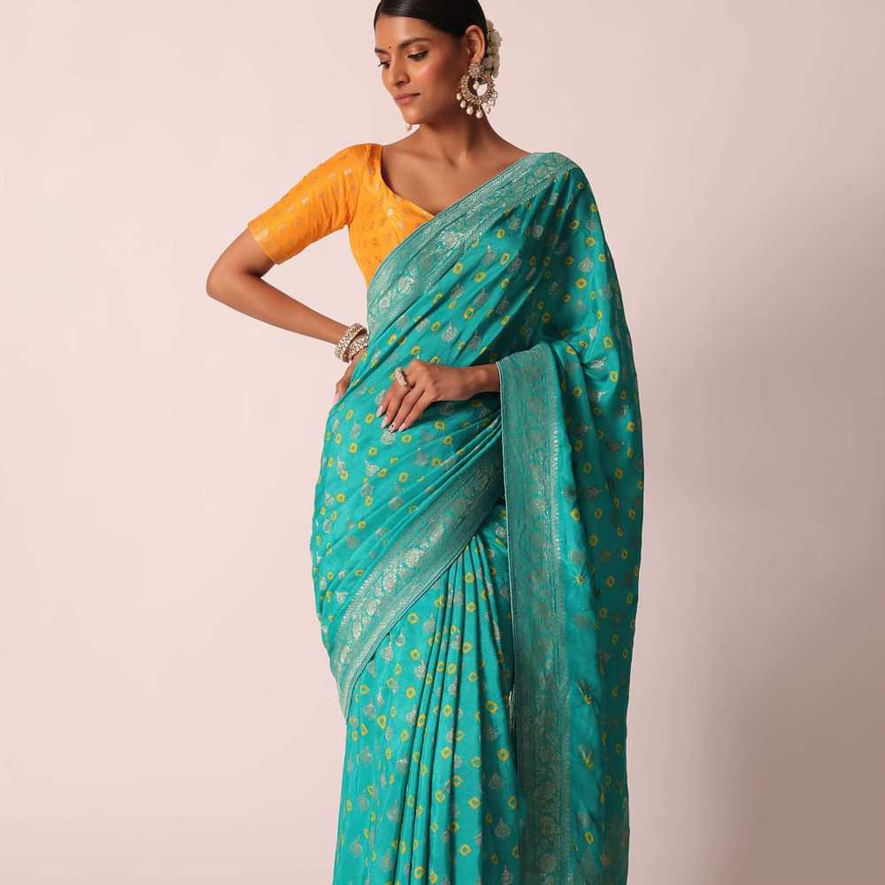 Sky Blue Silk Bandhani Saree With Unstitched Blouse Piece