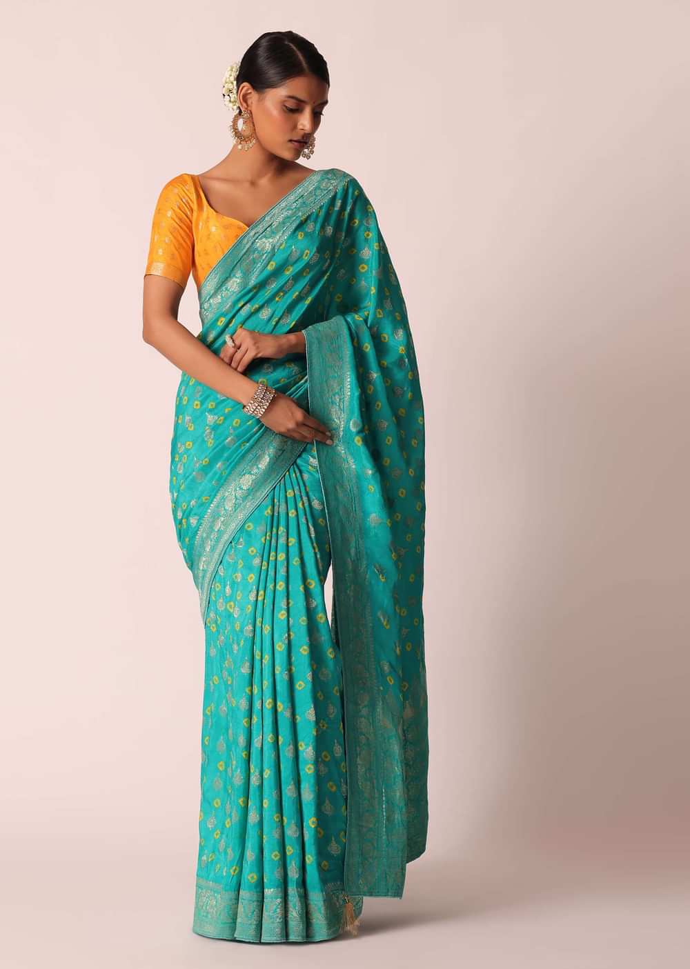 Sky Blue Silk Bandhani Saree With Unstitched Blouse Piece