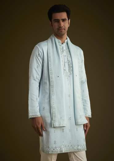 Sky Blue Silk Blend Kurta Set With Mirror Work