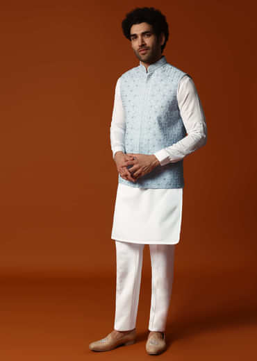 Sky Blue Silk Kurta Jacket Set In Resham Work For Men