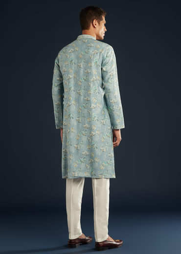 Sky Blue Silk Kurta Set with Floral Motifs